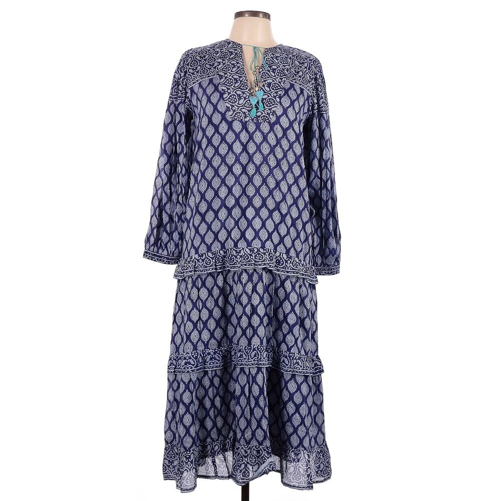 Alicia BELL boho beaded tassel ruffle tiered long sleeve printed midi dress Sz L